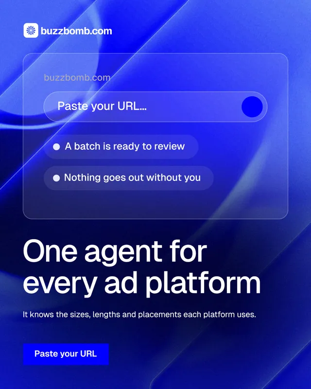 Instagram portrait post for BuzzBomb: "One agent for every ad platform". Swiss style, bottom layout, dark palette in blue.