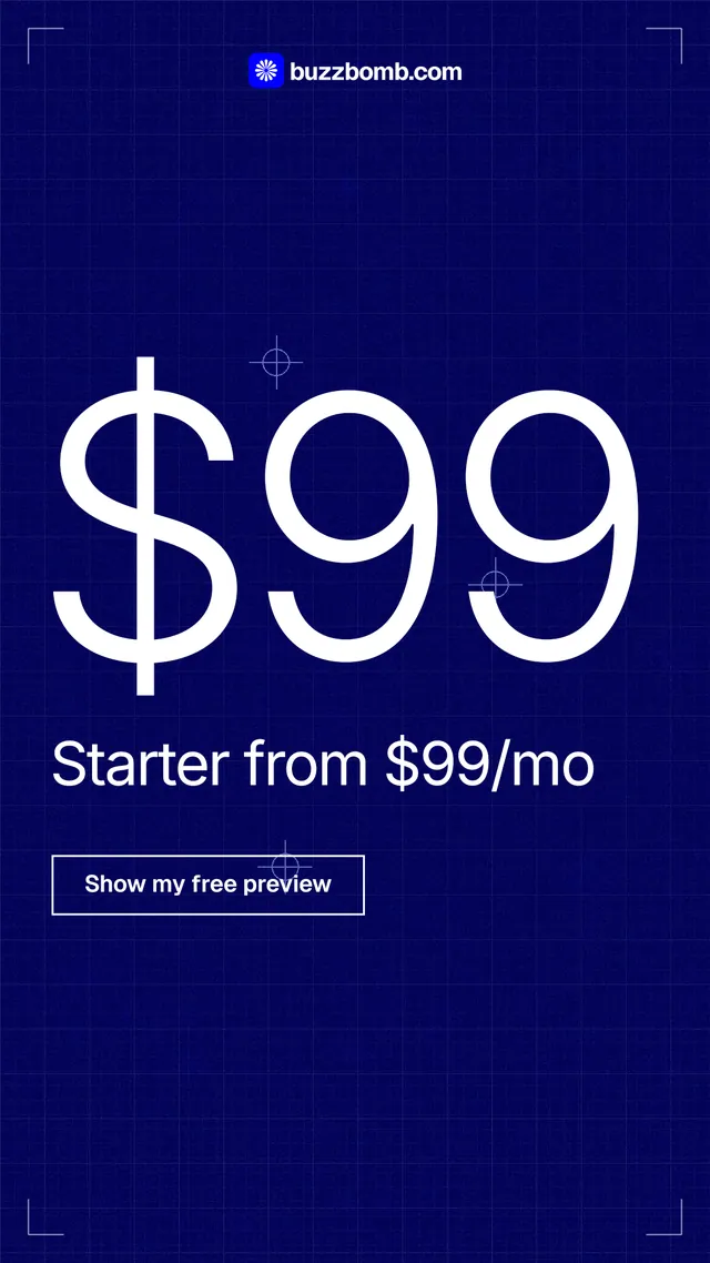Instagram story for BuzzBomb: "Your continuous premium ads agent." Blueprint style, stat layout, dark palette in blue.
