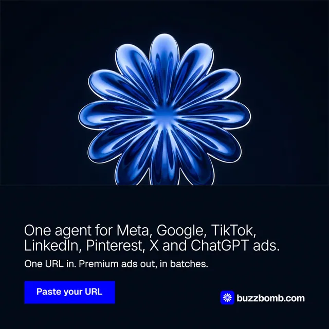 Instagram post for BuzzBomb: "One agent for Meta, Google, TikTok, LinkedIn, Pinterest, X and ChatGPT ads." Swiss style, bottom layout, dark palette in black, blue.