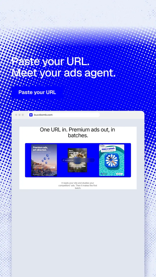 Instagram story for BuzzBomb: "Paste your URL. Meet your ads agent." Swiss style, browser layout, light palette in blue, white.