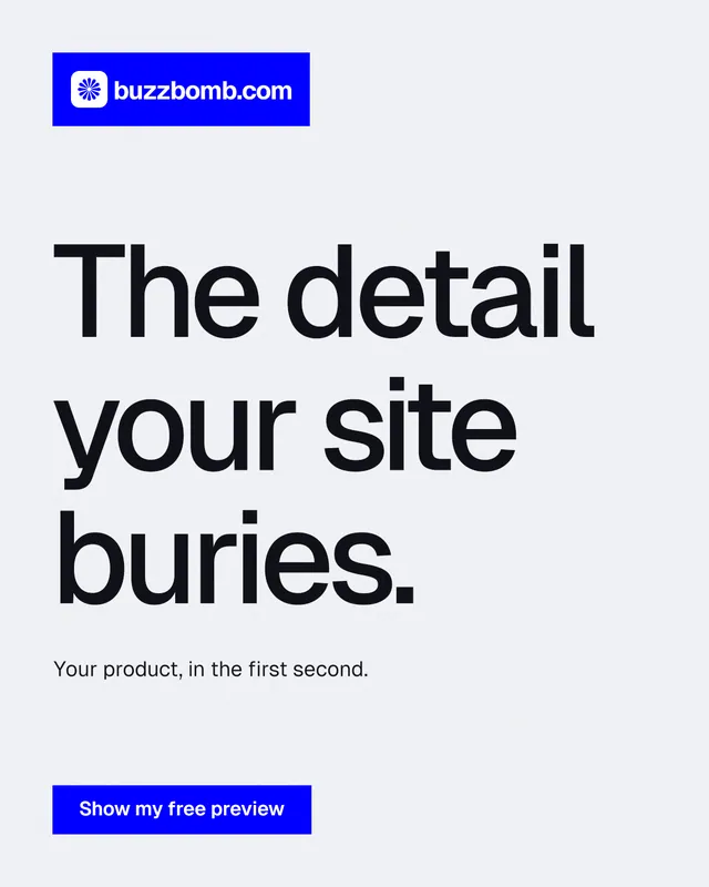 Instagram portrait post for BuzzBomb: "The detail your site buries." Swiss style, announce layout, light palette in white, blue.