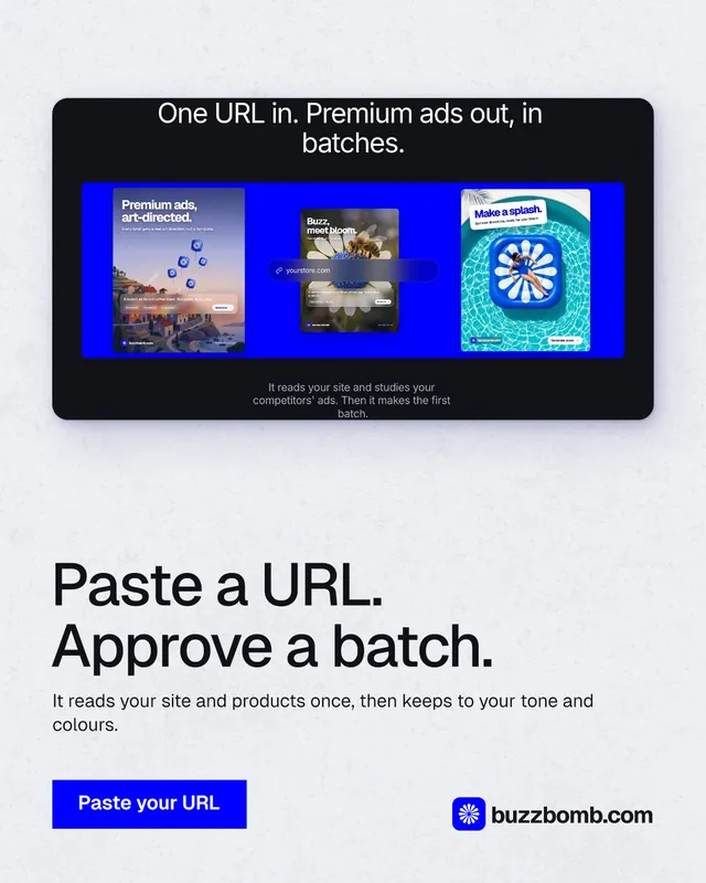Instagram portrait post for BuzzBomb: "Paste a URL. Approve a batch." Swiss style, bottom layout, light palette in white, blue, grey.