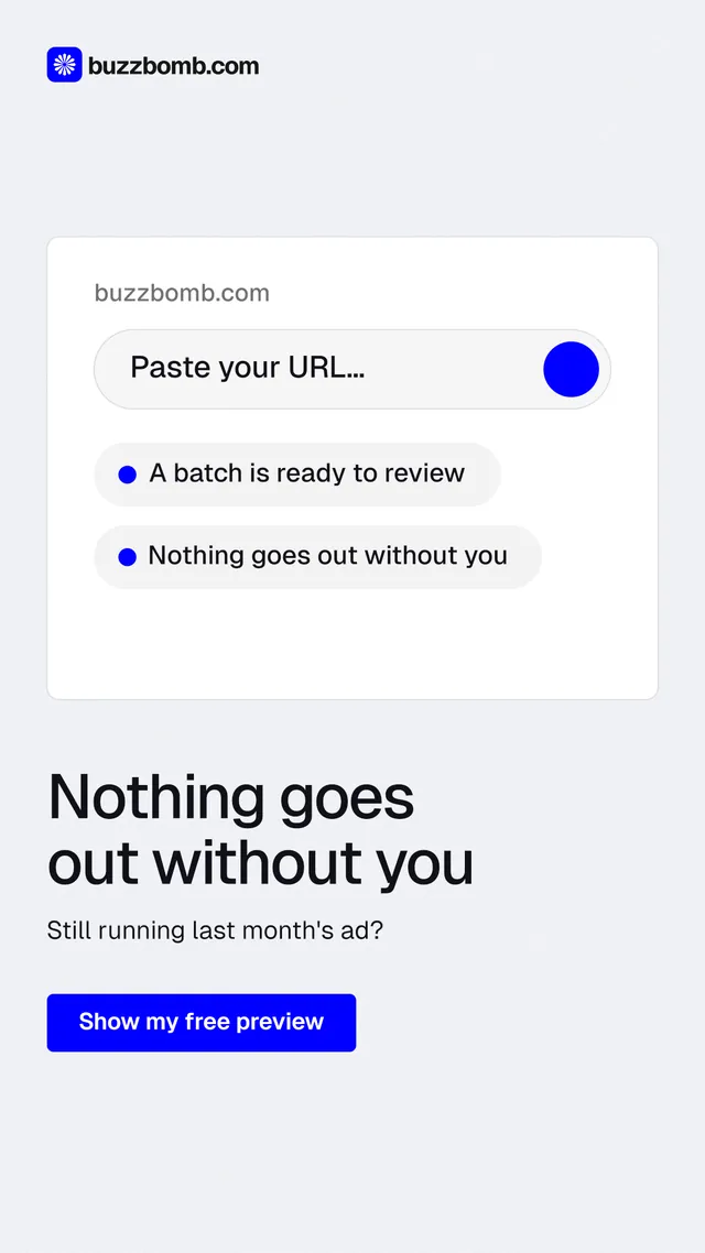 Instagram story for BuzzBomb: "Nothing goes out without you". Data card style, bottom layout, light palette in white, blue.