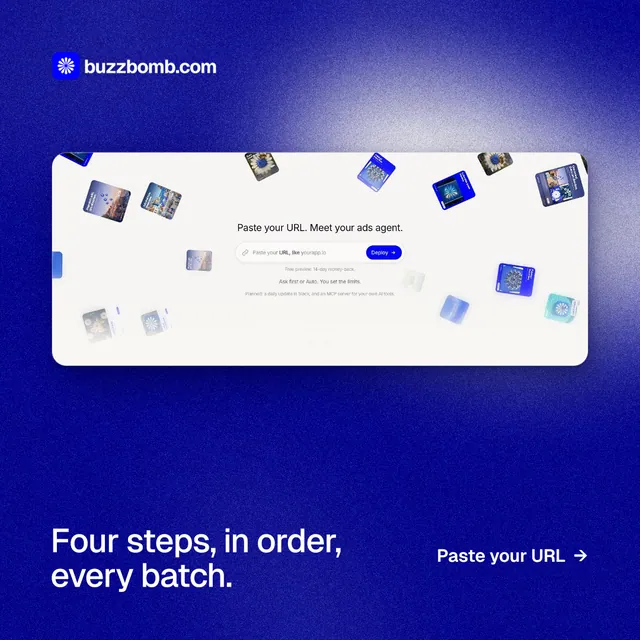 Instagram post for BuzzBomb: "Four steps, in order, every batch." Cyanotype style, image led layout, dark palette in white, blue.
