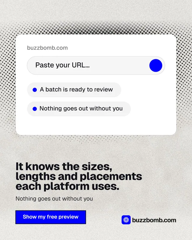 Instagram portrait post for BuzzBomb: "It knows the sizes, lengths and placements each platform uses." Ink sticker style, bottom layout, light palette in white, grey.