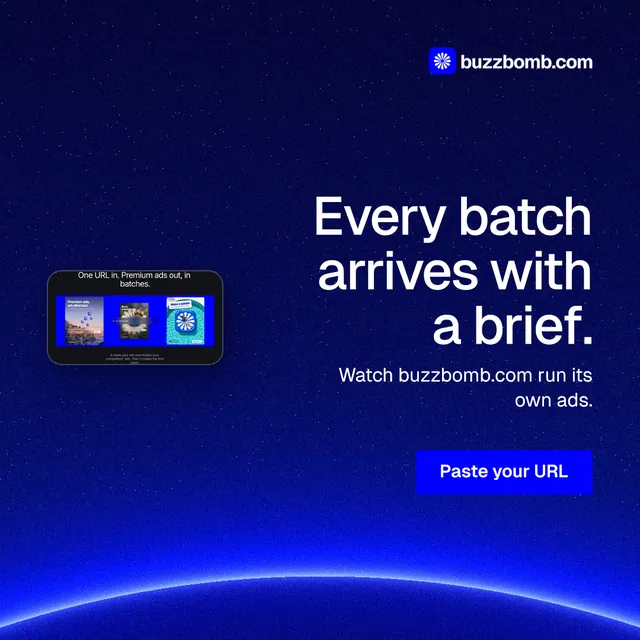 Instagram post for BuzzBomb: "Every batch arrives with a brief." Swiss style, right layout, dark palette in blue.