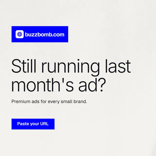 Instagram post for BuzzBomb: "Still running last month's ad?" Swiss style, announce layout, light palette in white, blue.