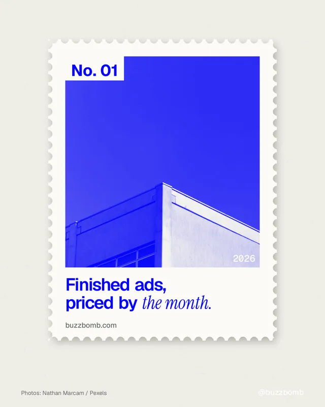 Instagram portrait post for BuzzBomb: "Finished ads, priced by the month." Single style, technique:stamp series layout, light palette in yellow, blue, white.