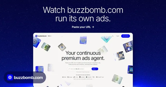 Social ad for BuzzBomb: "Watch buzzbomb.com run its own ads." Swiss style, ogui layout, dark palette in blue, white.