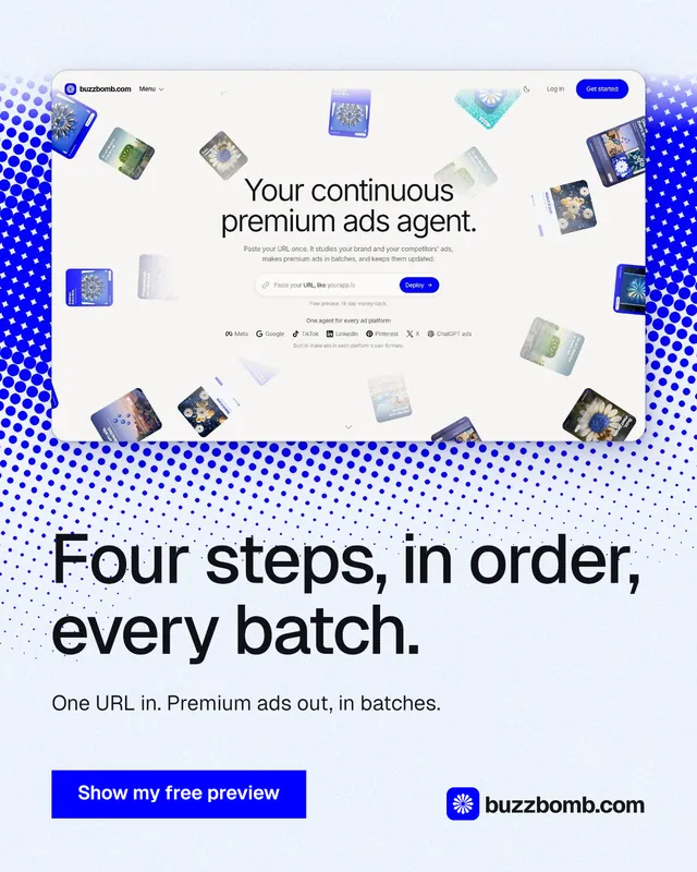 Instagram portrait post for BuzzBomb: "Four steps, in order, every batch." Swiss style, bottom layout, light palette in white, blue.