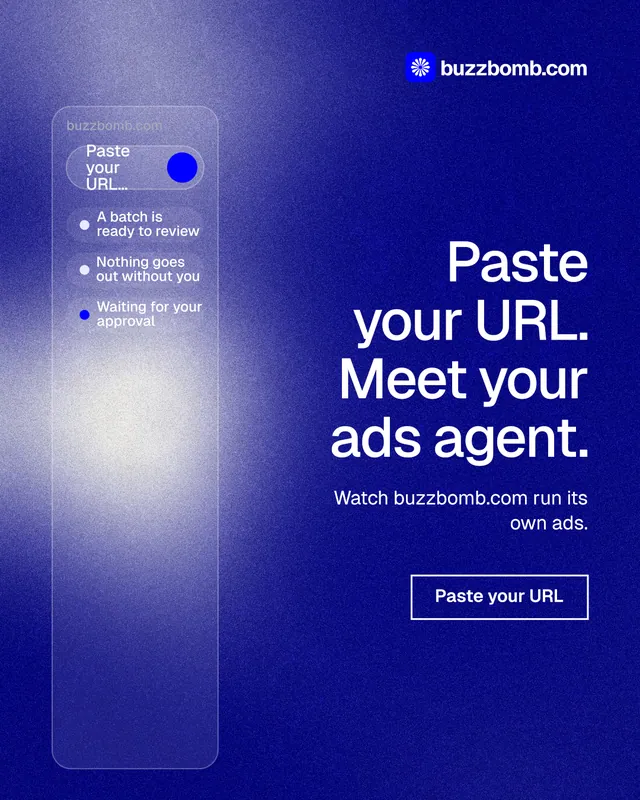 Instagram portrait post for BuzzBomb: "Paste your URL. Meet your ads agent." Cyanotype style, right layout, dark palette in blue.