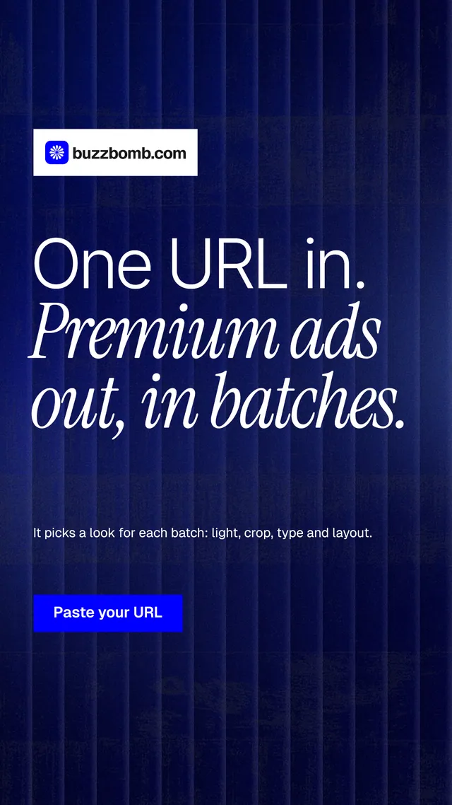 Instagram story for BuzzBomb: "One URL in. Premium ads out, in batches." Swiss style, announce layout, dark palette in black, blue, grey.