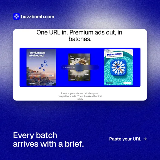 Instagram post for BuzzBomb: "Every batch arrives with a brief." Cyanotype style, image led layout, dark palette in blue.