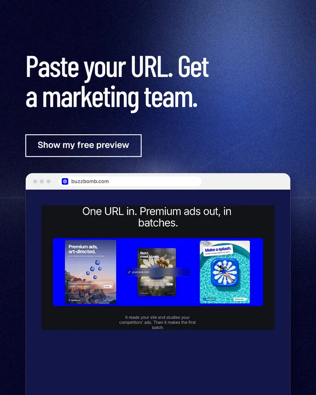 Instagram portrait post for BuzzBomb: "Paste your URL. Get a marketing team." Dark deco style, browser layout, dark palette in blue, black.