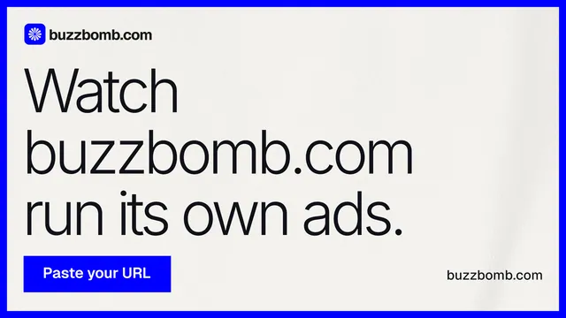 Landscape graphic for BuzzBomb: "Watch buzzbomb.com run its own ads." Swiss style, poster layout, light palette in white, blue.