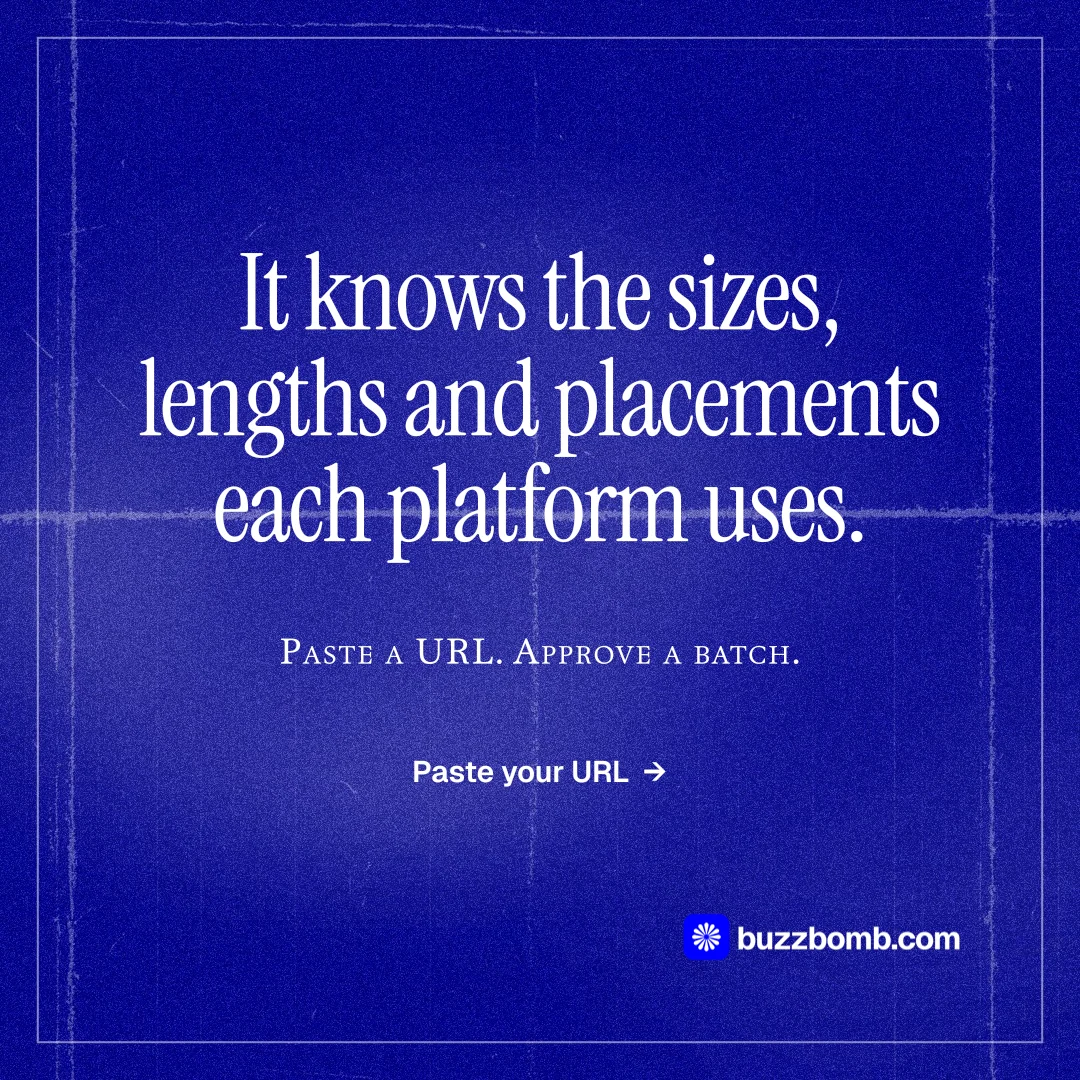 Instagram post for BuzzBomb: "It knows the sizes, lengths and placements each platform uses." Editorial style, smallcaps layout, dark palette in blue.