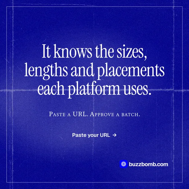 Instagram post for BuzzBomb: "It knows the sizes, lengths and placements each platform uses." Editorial style, smallcaps layout, dark palette in blue.
