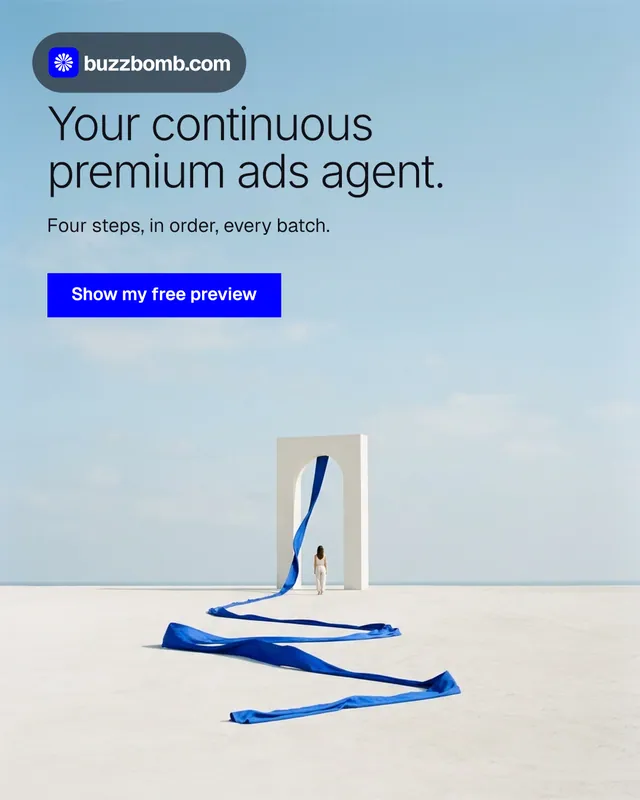Instagram portrait post for BuzzBomb: "Your continuous premium ads agent." Swiss style, bottom layout, light palette in blue, white.