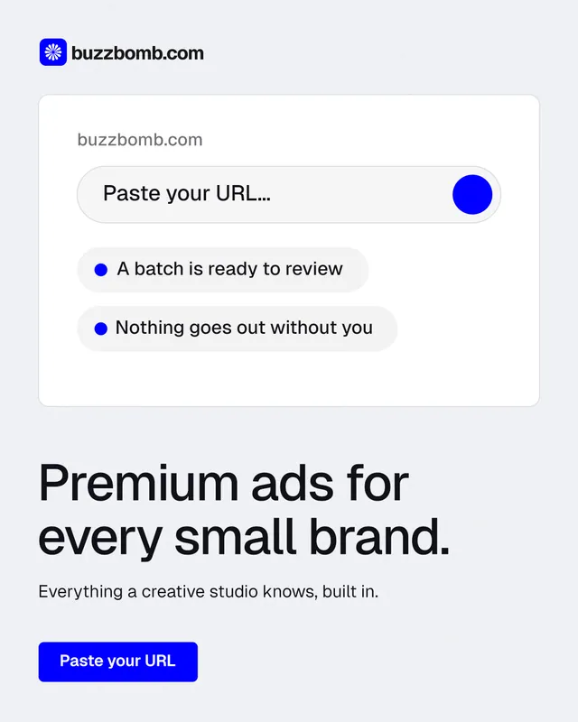 Instagram portrait post for BuzzBomb: "Premium ads for every small brand." Data card style, bottom layout, light palette in white, blue.
