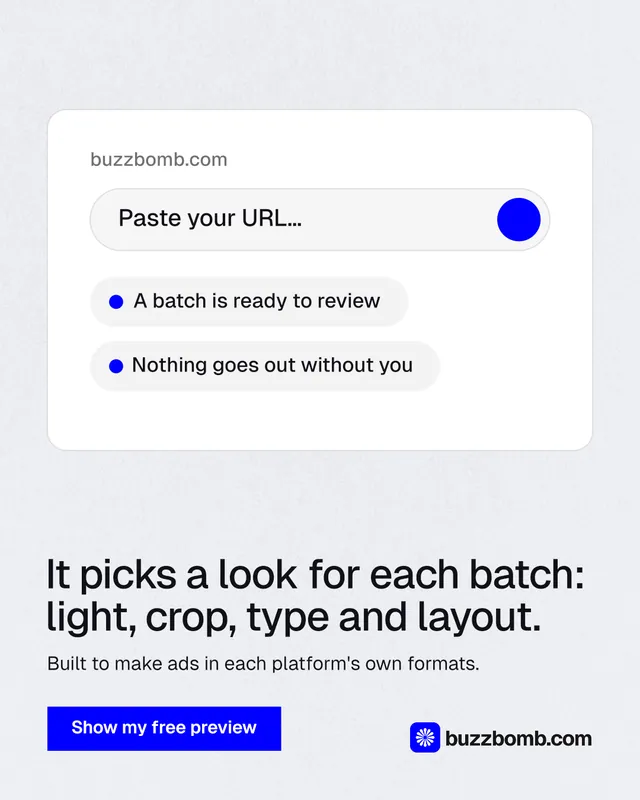 Instagram portrait post for BuzzBomb: "It picks a look for each batch: light, crop, type and layout." Swiss style, bottom layout, light palette in white, blue.