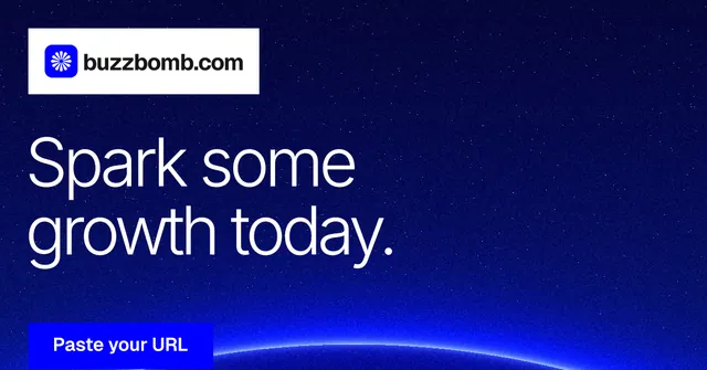 Social ad for BuzzBomb: "Spark some growth today." Swiss style, announce layout, dark palette in blue.