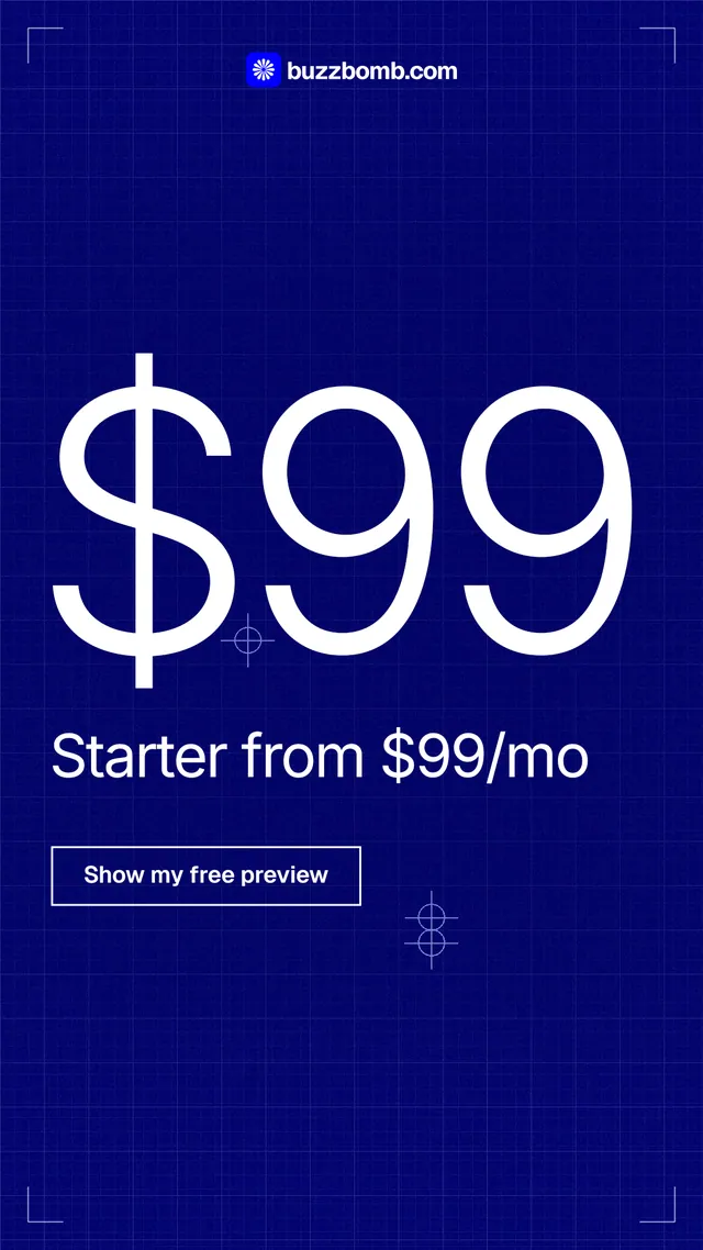 Instagram story for BuzzBomb: "Your product, in the first second." Blueprint style, stat layout, dark palette in blue.