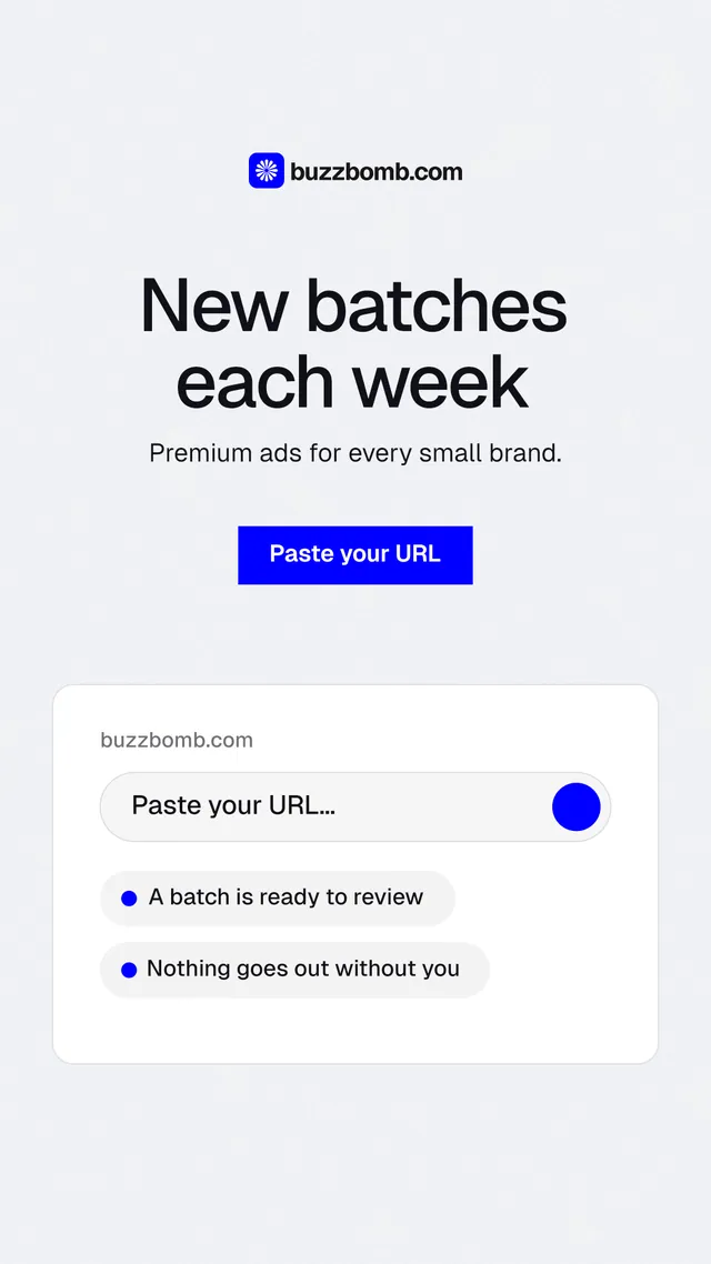 Instagram story for BuzzBomb: "New batches each week". Swiss style, centred layout, light palette in white, blue.