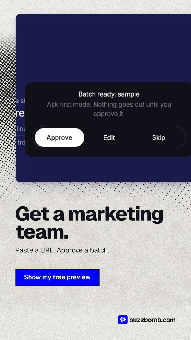 Instagram story for BuzzBomb: "Get a marketing team." Ink sticker style, bottom layout, light palette in white, blue, grey.