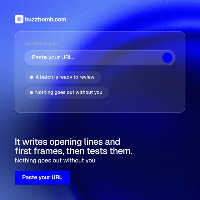 Instagram post for BuzzBomb: "It writes opening lines and first frames, then tests them." Swiss style, bottom layout, dark palette in blue.