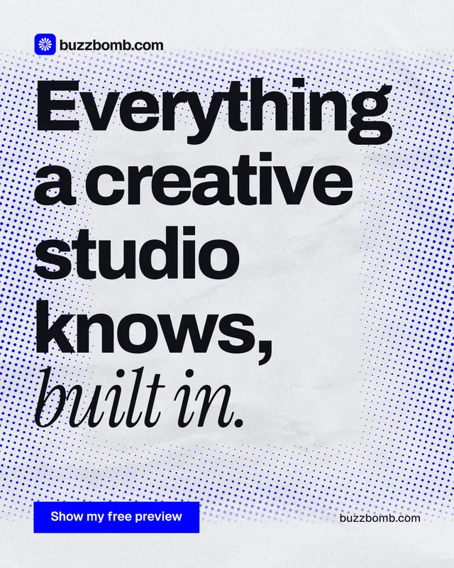 Instagram portrait post for BuzzBomb: "Everything a creative studio knows, built in." Swiss style, poster layout, light palette in blue, grey, white.