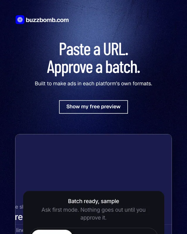 Instagram portrait post for BuzzBomb: "Paste a URL. Approve a batch." Dark deco style, centred layout, dark palette in blue, black.