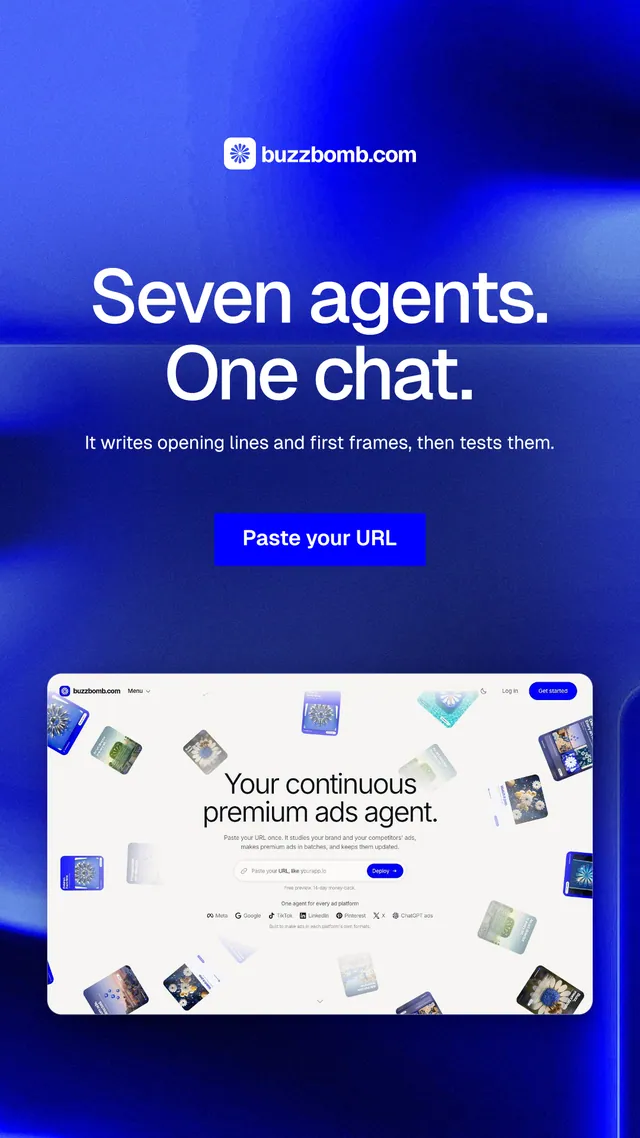 Instagram story for BuzzBomb: "Seven agents. One chat." Swiss style, centred layout, dark palette in blue, white.