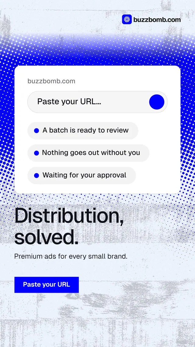 Instagram story for BuzzBomb: "Distribution, solved." Swiss style, bottom layout, light palette in white, blue.