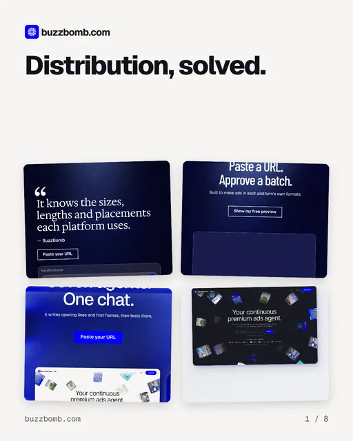 Carousel for BuzzBomb: "Distribution, solved.". Collection carousel, 8 slides, light palette.