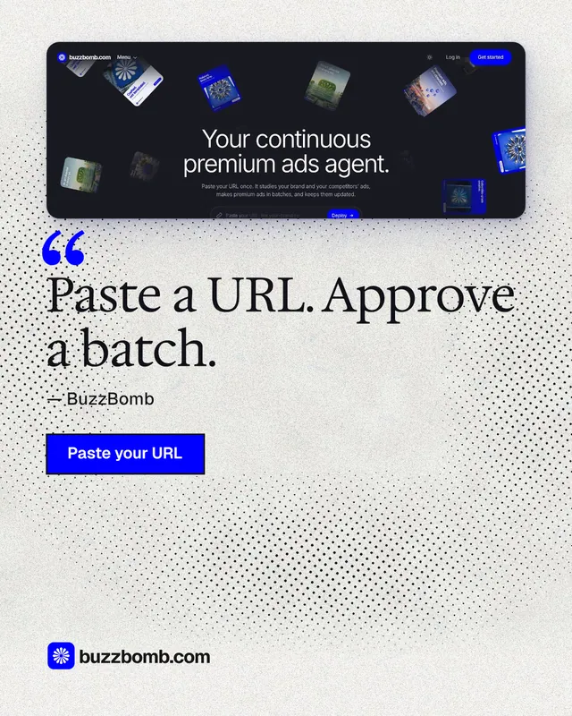 Instagram portrait post for BuzzBomb: "Paste a URL. Approve a batch." Ink sticker style, quote layout, light palette in white, blue.
