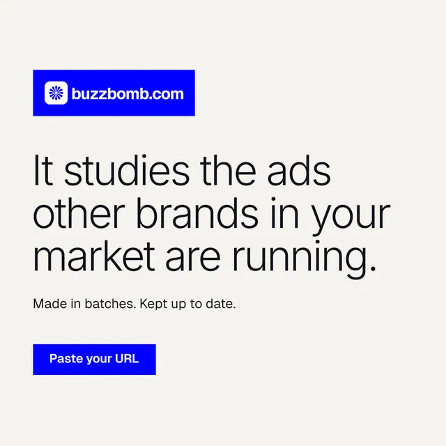 Instagram post for BuzzBomb: "It studies the ads other brands in your market are running." Swiss style, announce layout, light palette in white, blue.