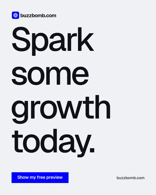 Instagram portrait post for BuzzBomb: "Spark some growth today." Swiss style, poster layout, light palette in white, grey.