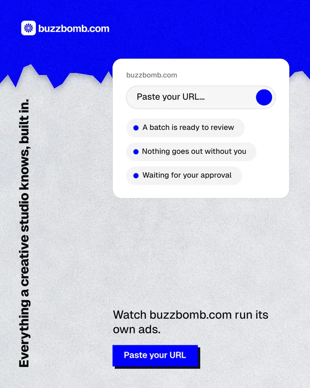 Instagram portrait post for BuzzBomb: "Everything a creative studio knows, built in." Paper trio style, vertical layout, light palette in white, blue.
