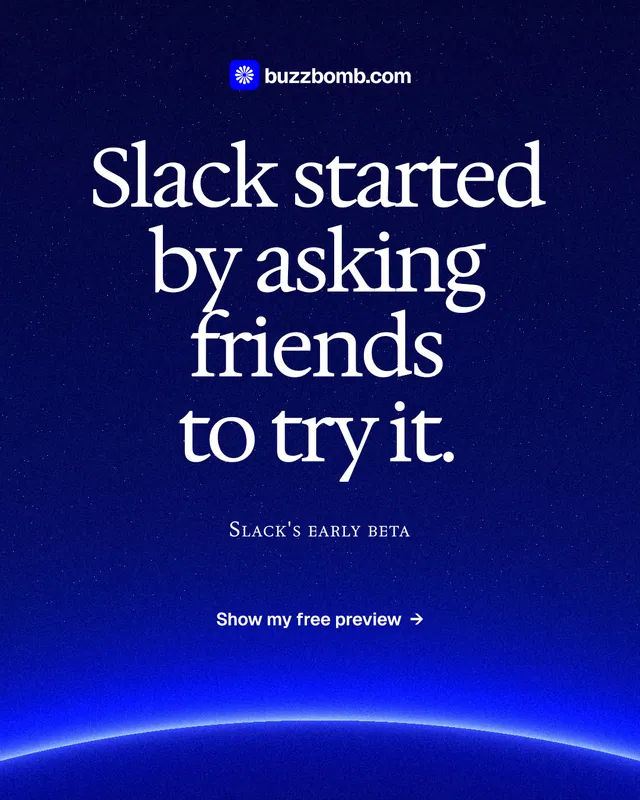 Instagram portrait post for BuzzBomb: "Slack started by asking friends to try it." Swiss style, smallcaps layout, dark palette in blue.