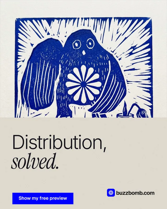 Instagram portrait post for BuzzBomb: "Distribution, solved." Swiss style, bottom layout, light palette in yellow, blue, white.