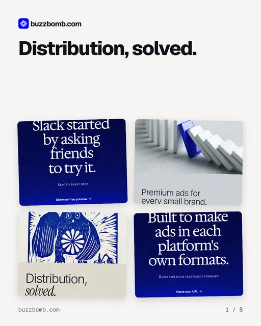 Carousel for BuzzBomb: "Distribution, solved.". Collection carousel, 8 slides, light palette.