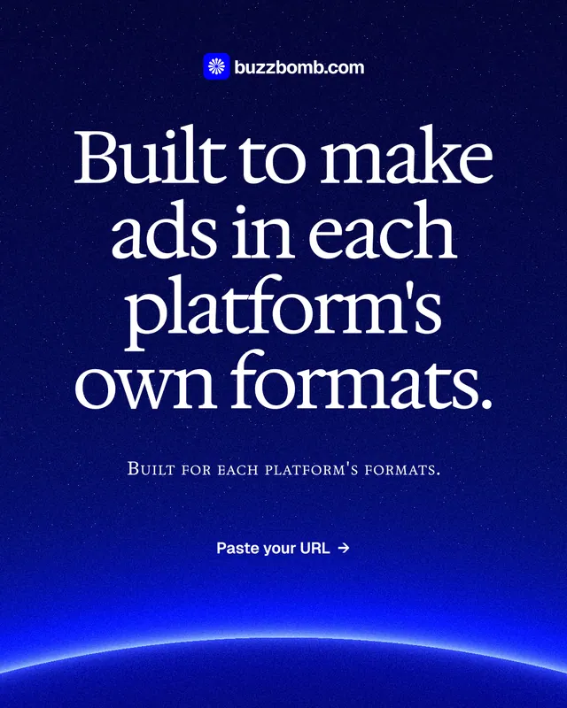 Instagram portrait post for BuzzBomb: "Built to make ads in each platform's own formats." Swiss style, smallcaps layout, dark palette in blue.