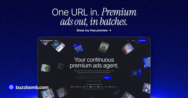 Social ad for BuzzBomb: "One URL in. Premium ads out, in batches." Swiss style, ogui layout, dark palette in blue.