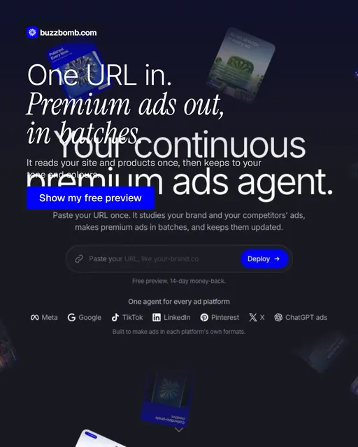 Video for BuzzBomb: "One URL in. Premium ads out, in batches.". Doc motion loop, 6.0 s, dark palette.