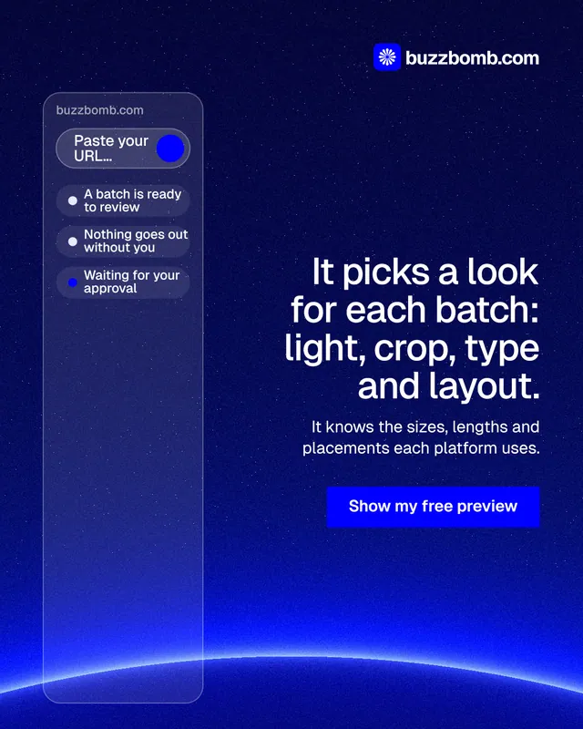 Instagram portrait post for BuzzBomb: "It picks a look for each batch: light, crop, type and layout." Swiss style, right layout, dark palette in blue.