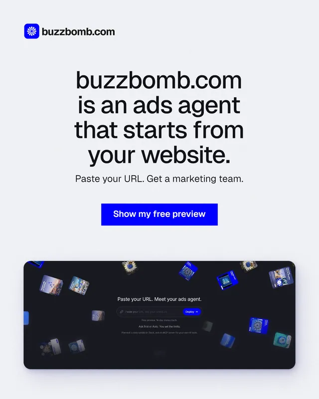 Instagram portrait post for BuzzBomb: "buzzbomb.com is an ads agent that starts from your website." Swiss style, centred layout, light palette in white, blue, grey.