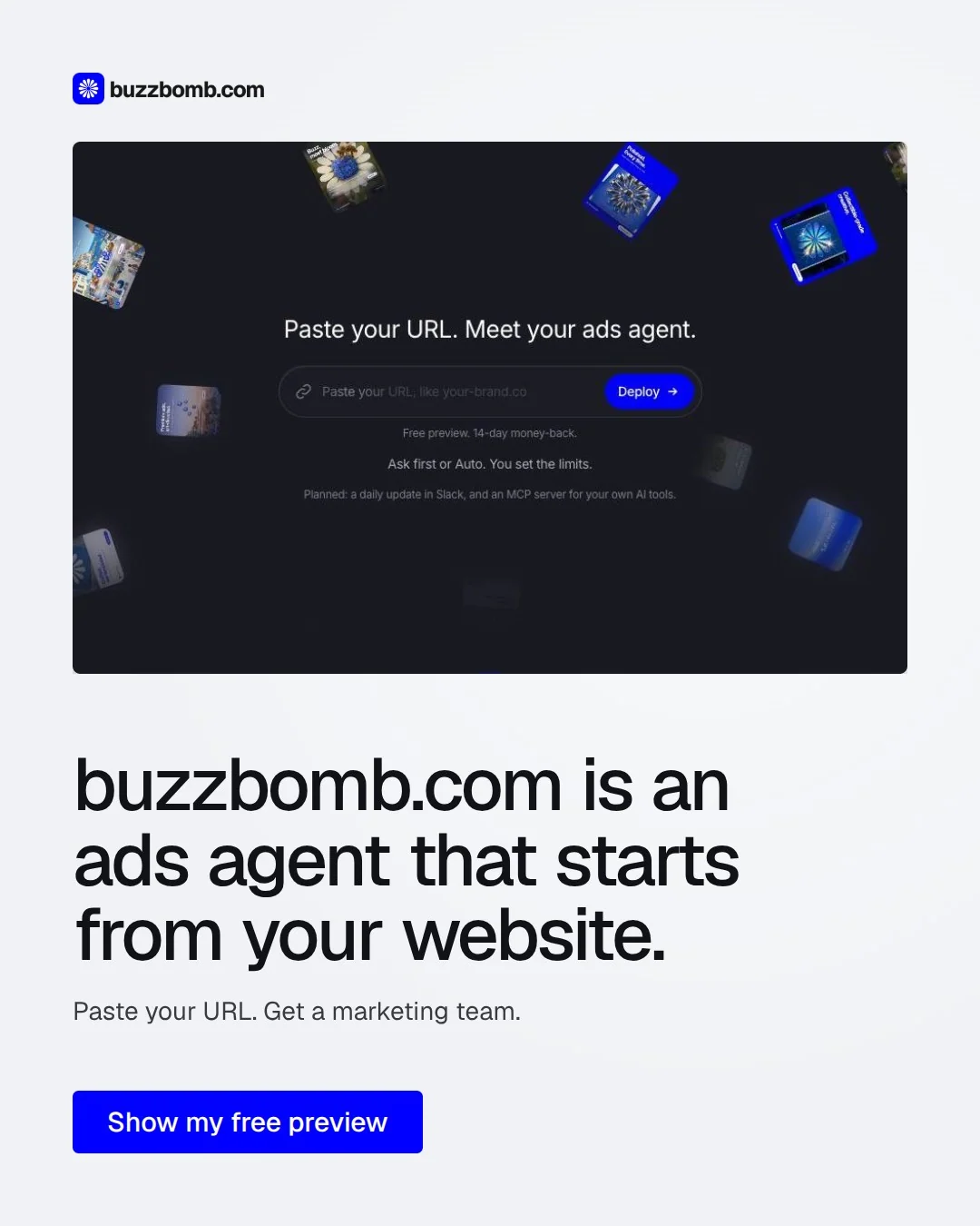 Video for BuzzBomb: "buzzbomb.com is an ads agent that starts from your website.". Doc motion loop, 7.0 s, light palette.