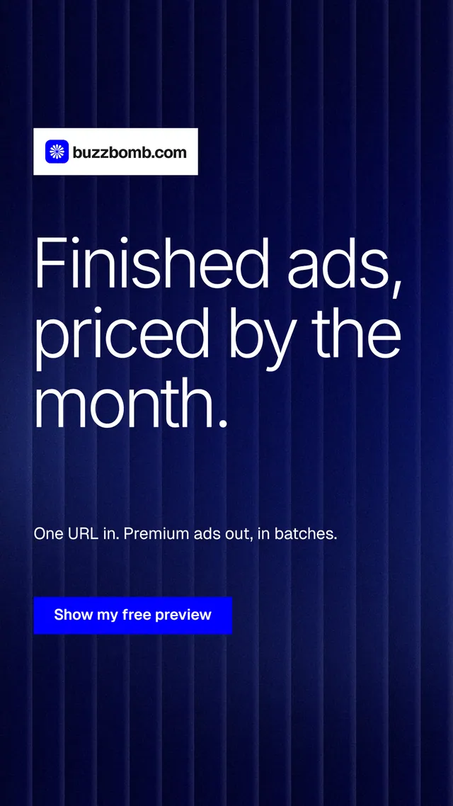 Instagram story for BuzzBomb: "Finished ads, priced by the month." Swiss style, announce layout, dark palette in black, blue.