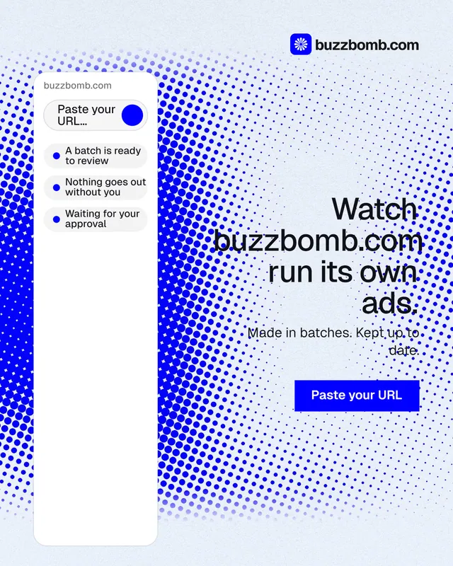 Instagram portrait post for BuzzBomb: "Watch buzzbomb.com run its own ads." Swiss style, right layout, light palette in white, blue.