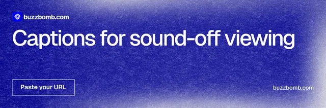 X header for BuzzBomb: "Captions for sound-off viewing". Cyanotype style, poster layout, dark palette in blue.